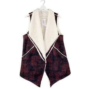 LulaRoe Marlow Sherpa Vest Womens Medium Burgundy Plaid Pockets NEW